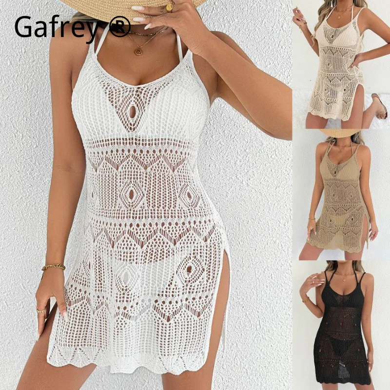 

Women's Sexy Hollow Out Knit Slip Dress, Deep V Neck High Slit Bikini Cover Up Dress for Beach Vacation & Summer Swimwear
