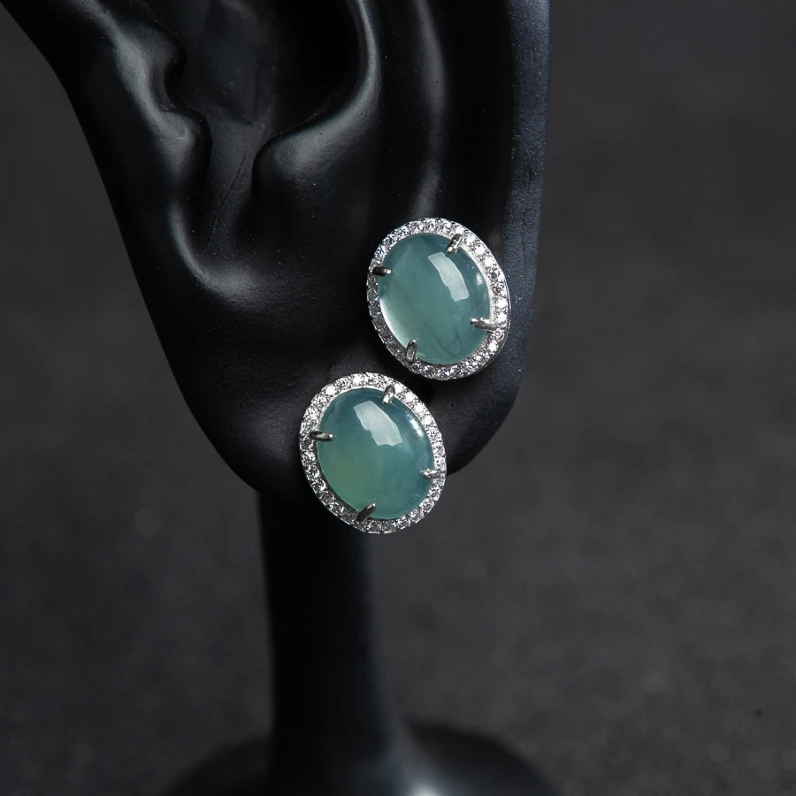 

TIMESWIND Light Blue Natural A-type Jade Oval-shaped Full Zircon Women Earrings with Certificate