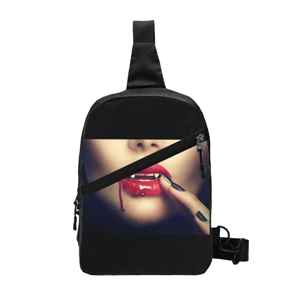 

Vampire Fang Sling Crossbody Backpack Men Custom Horror Slayer Shoulder Chest Bag for Cycling Camping Daypack