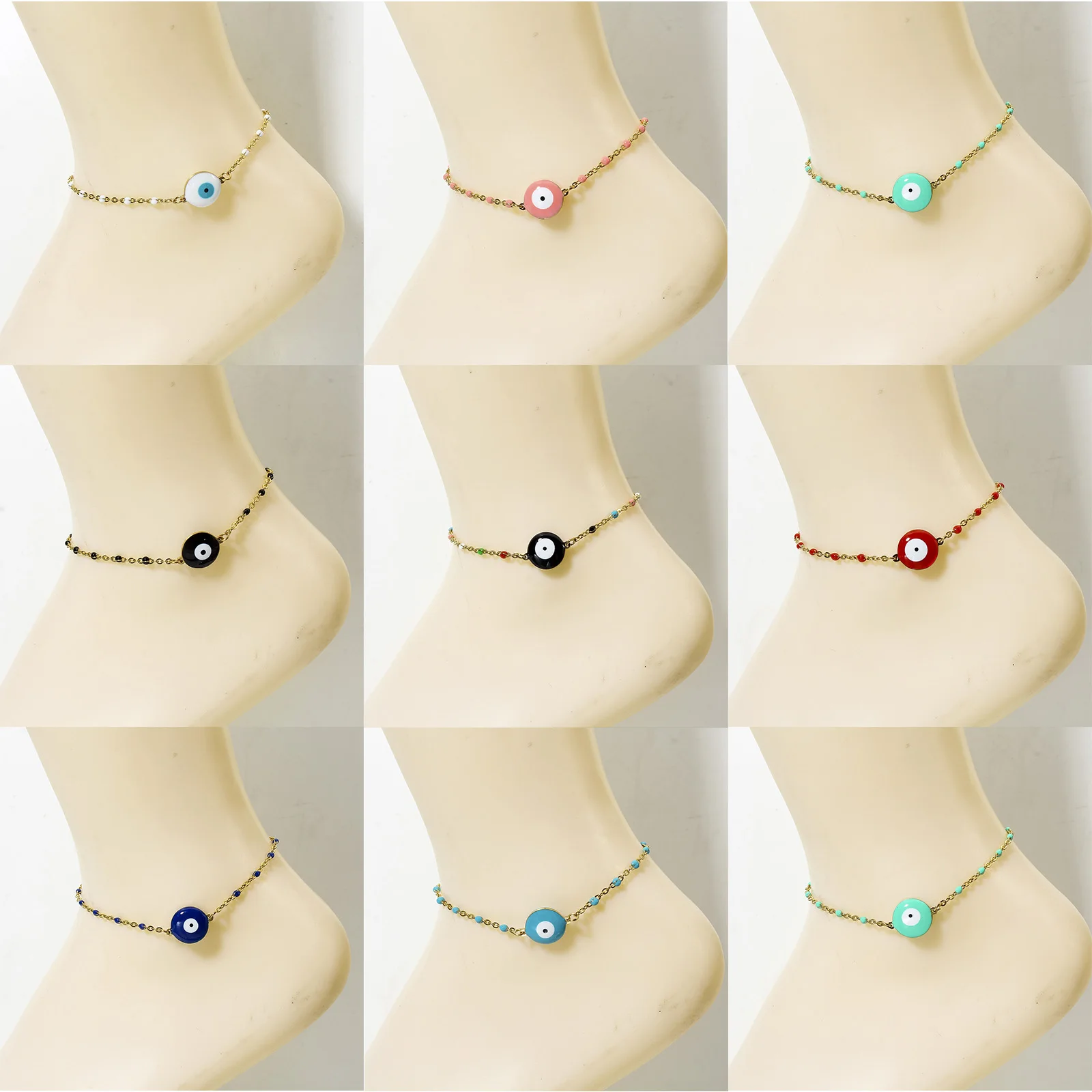 304 Stainless Steel Bracelet For Women Enamel Beads Evil Eye Bracelets For Women Link Chain Bangle Anklet Fashion Jewelry 18.5cm