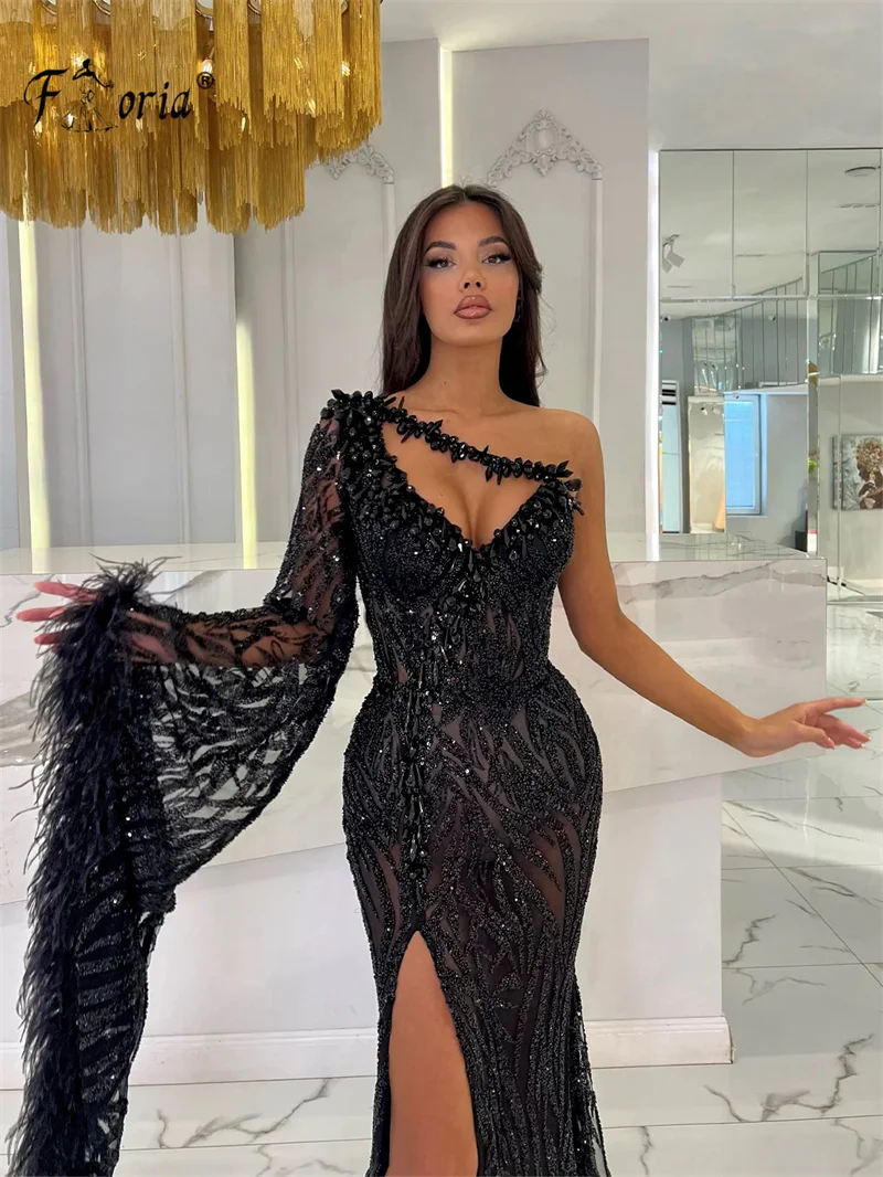 Luxury Dubai Black Beading Feather Formal Evening Dresses Illusion Flare Sleeve Special Occasion Prom Dress vestidos de noche