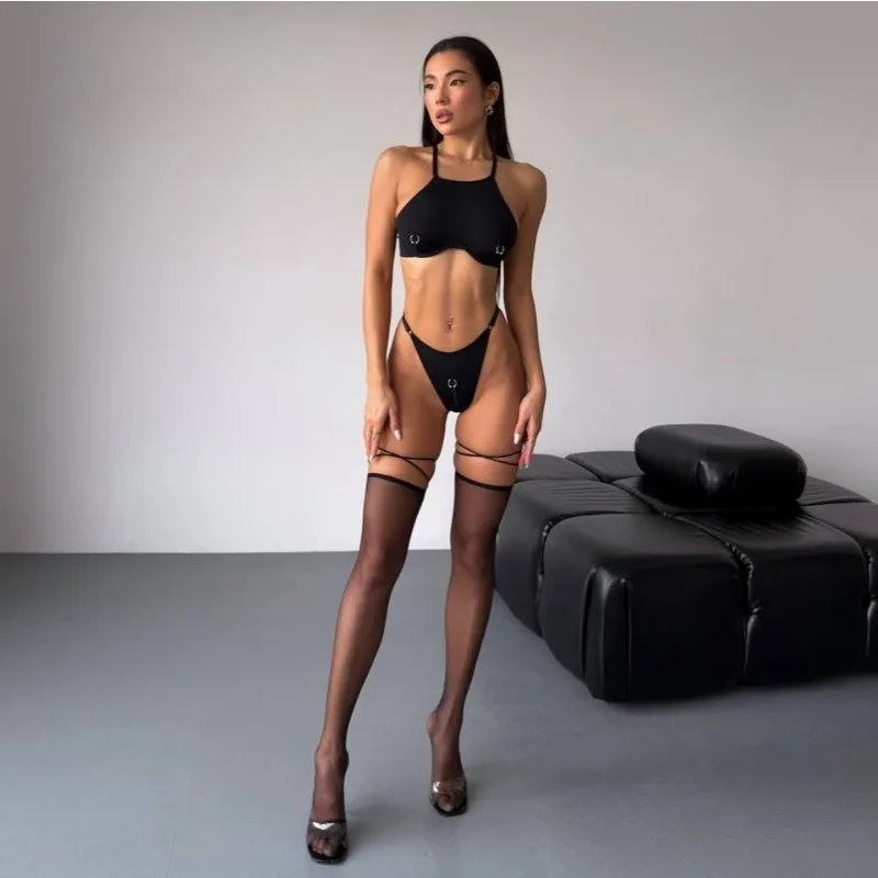 Toucheart المرأة بيكيني ديكور معدني بلون مثلث تشكيل الجسم عالية الخصر الترفيه حساسة الحميمة زي سباحة من قطعتين عدة