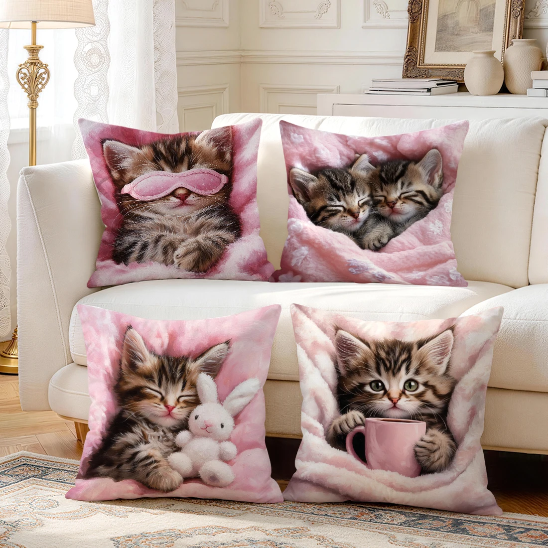 1pcs/4pcs Cute Pink Kitten Cushions Pillowcase Polyester Cushion Cover Throw Pillow Pillowcover Home Car Sofa Decor