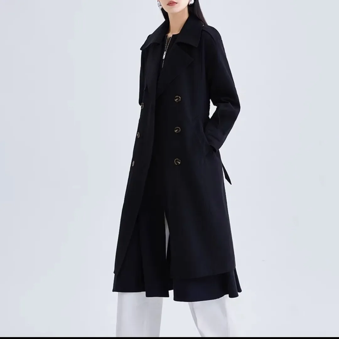 

Autumn 2025 New Chic Casual Windbreaker Women's Overcoat Loose Mid-Length Belt Double-Breasted Windproof Trenchcoat Jacket