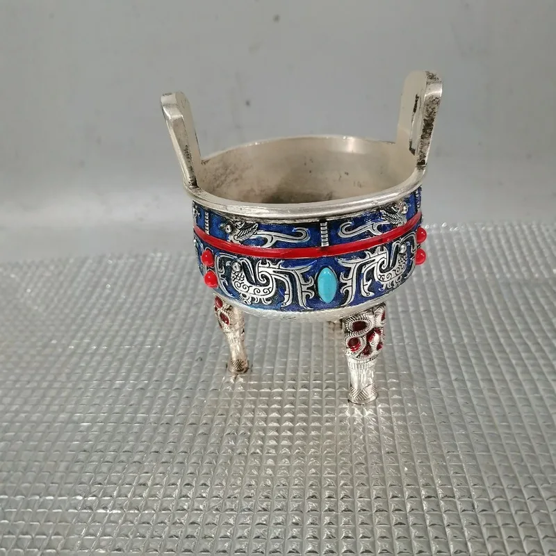 Silver-plated copper three-legged incense burner double handles, embossed dragon design, inlaid with gemstones, antique col