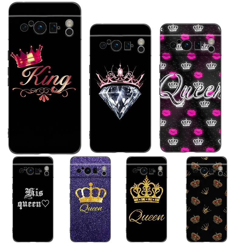 

King Queen Crown Couple Phone Case Cover for Google Pixel 8 7 6 7A 6A Pro 5G Shockproof Silicone Soft 8 Pro 5G Shell Capas Bags