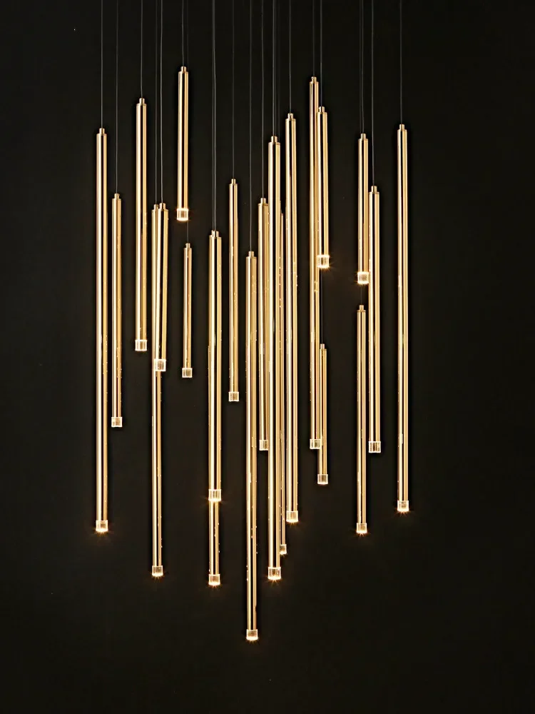 Golden Tube Stair LED Chandeliers Modern Luxury Villa Double Loft Hanging Lamp Hotel Engineering Lamp Interior Lighting Fixtures