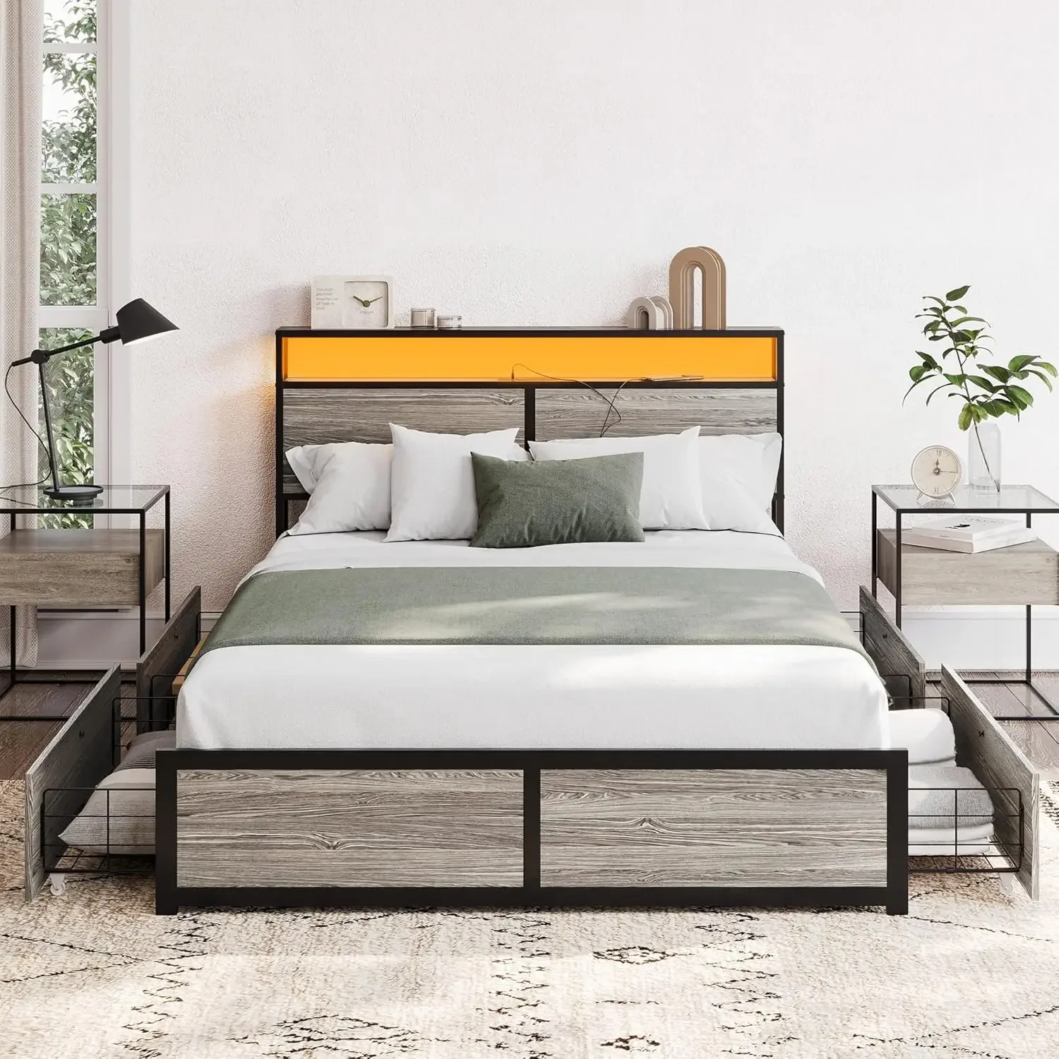 2-Tier Storage Headboard and 4 Drawers Under Bed, Sturdy Metal Platform Bed with Remote Control RGB LED Light