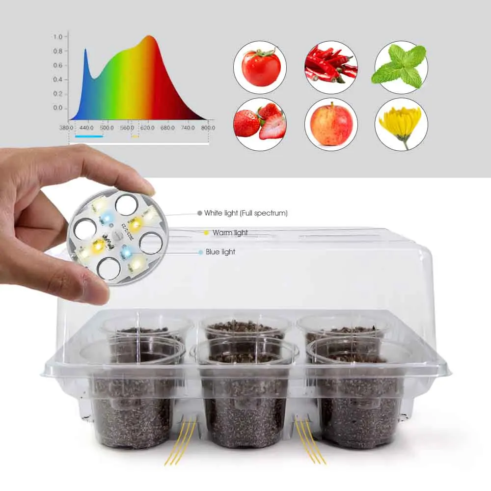 LED Grow Light Seedling Starter Tray Kit with 6 Seedling Cups PET Transparent for Indoor Garden Seed Plant Germination Grow Box