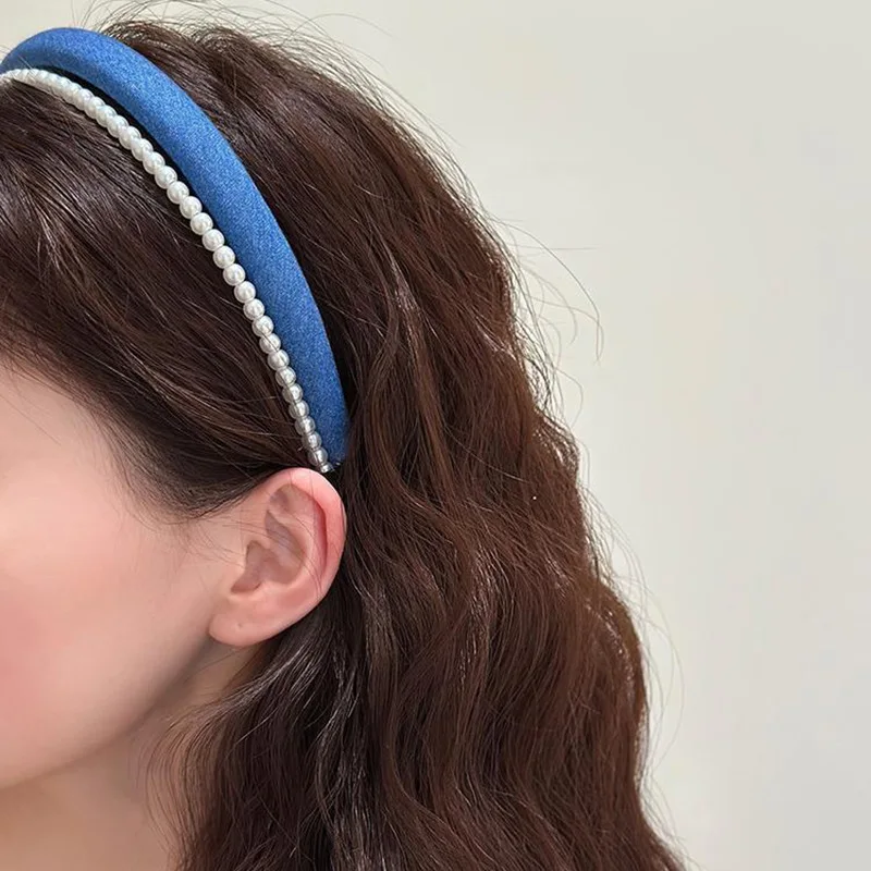 

Denim Color Pearl Headband Double Layer New Style Crown Lifting for Women Summer Fashion Elegant Lightweight One Size
