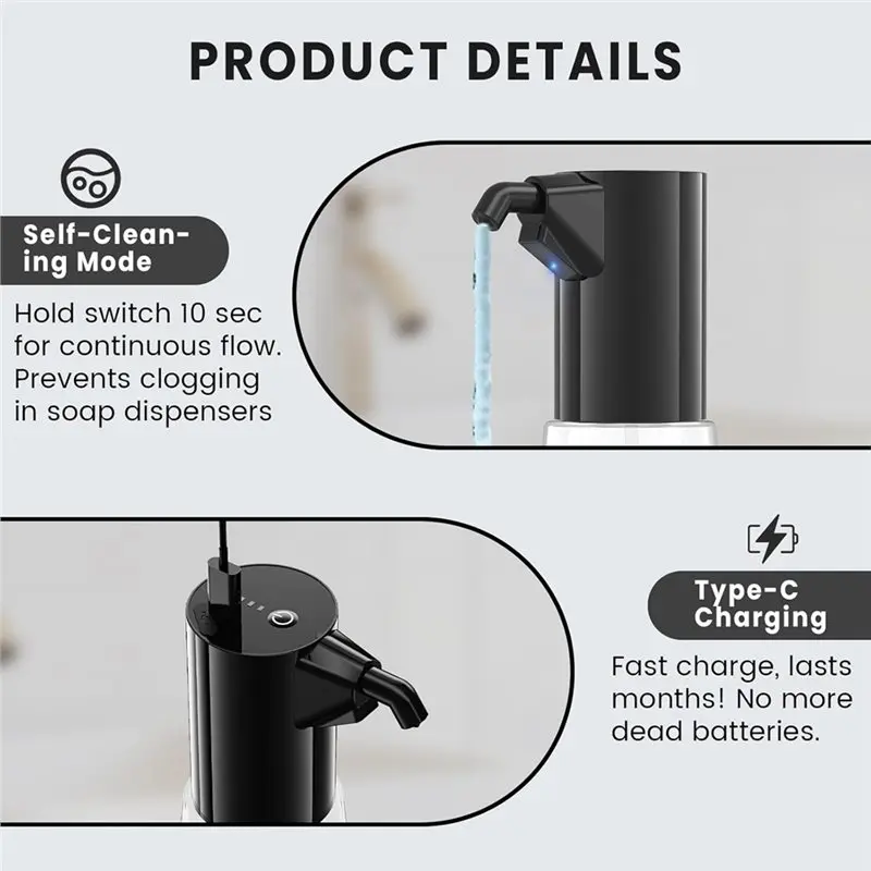 ABBK-موزع الصابون السائل الذي لا يعمل باللمس قابل للتعديل 450 مللي مضخة الصابون التلقائي القابلة لإعادة الشحن مضخة الصابون التلقائي للمطبخ والحمام