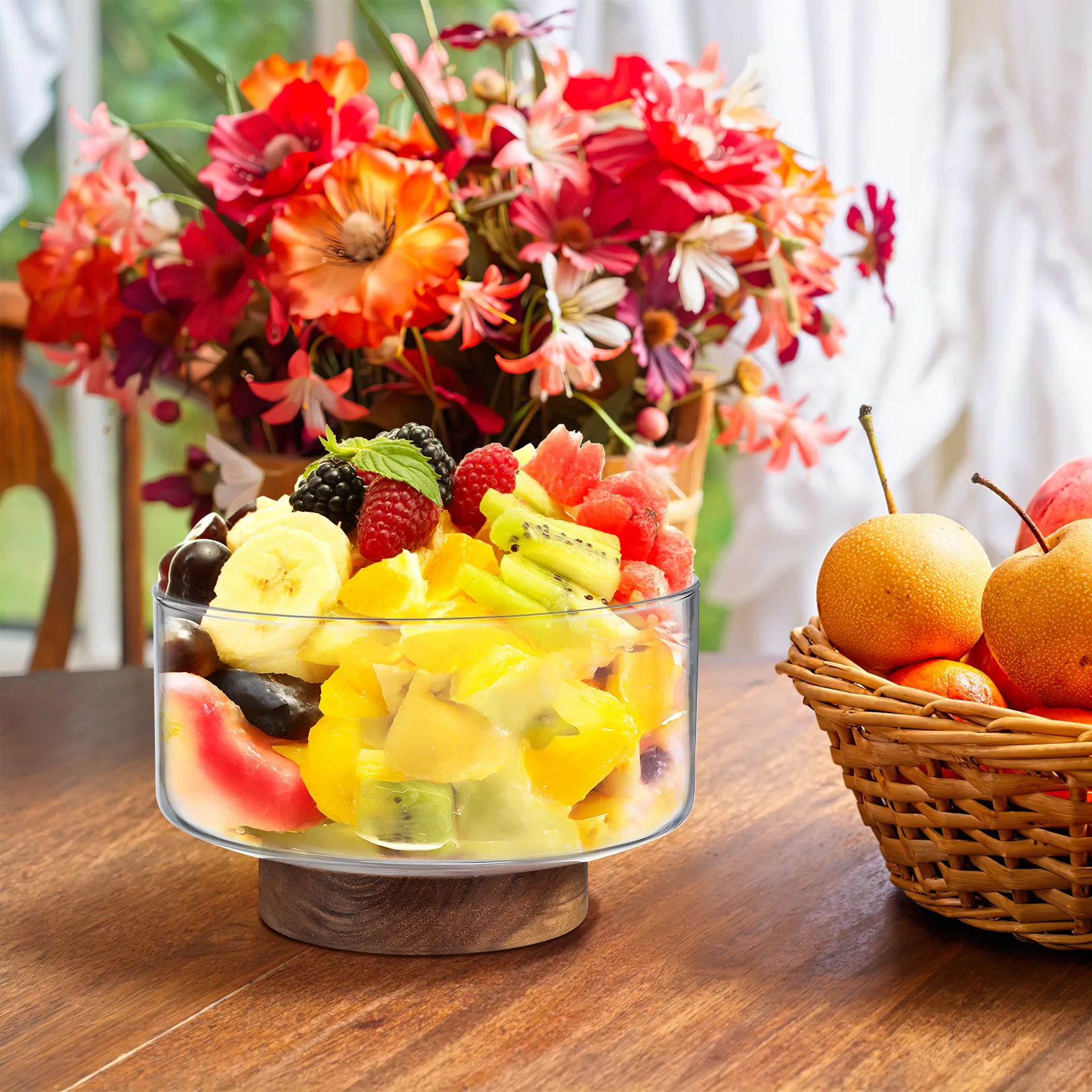 

Glass Fruit Bowl Japanese Style Clear Salad Container Dessert Holder Wooden Base Multipurpose Kitchen Serving Fruit Plate