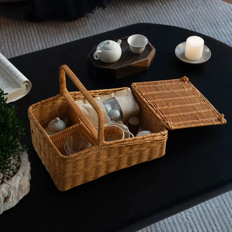 Handmade Rattan Picnic Basket Double Handles Tote for Outdoor Fruit Snacks Portable Storage Container Rustic Storage Baskets