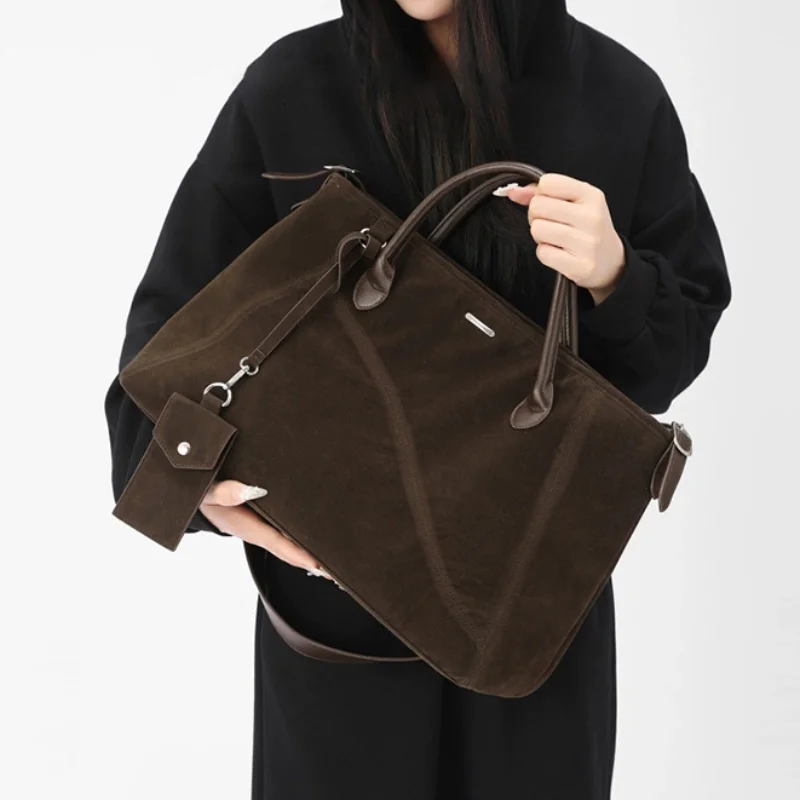 

Suede Zipper Briefcase For Women Retro Versatile Commuter Bag The Most Want Casual Shoulder Bags High-end Tote With Pendant