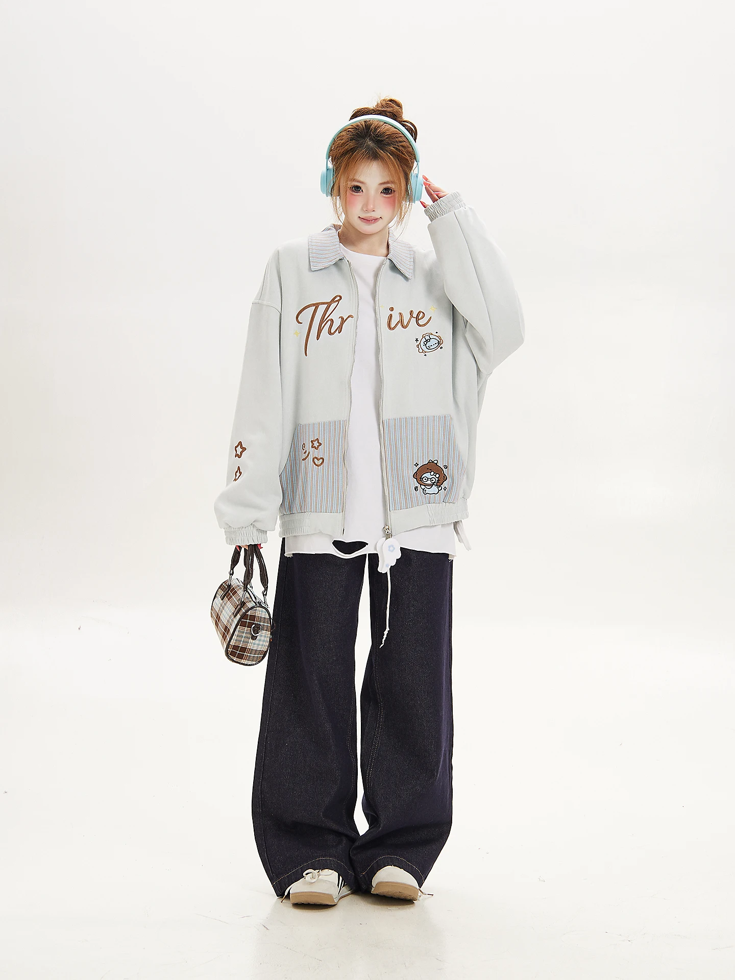 Sweet Stitched Short Jacket Women's Loose Collar Baseball Style Coat Autumn Fashionable Ant Pattern Casual Warm Outerwear