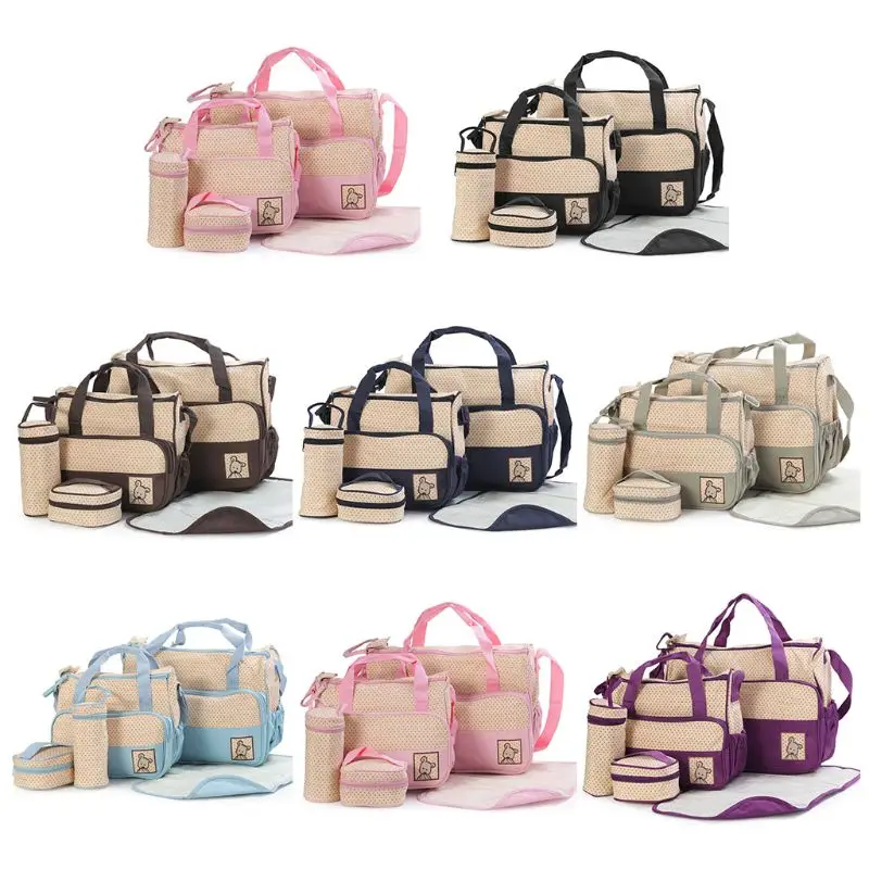 5 Pcs Multifunctional Set Baby Changing Diaper Bag Maternity Mummy Handbag Bottle Holder Portable Nappy Basket Storage Organiser