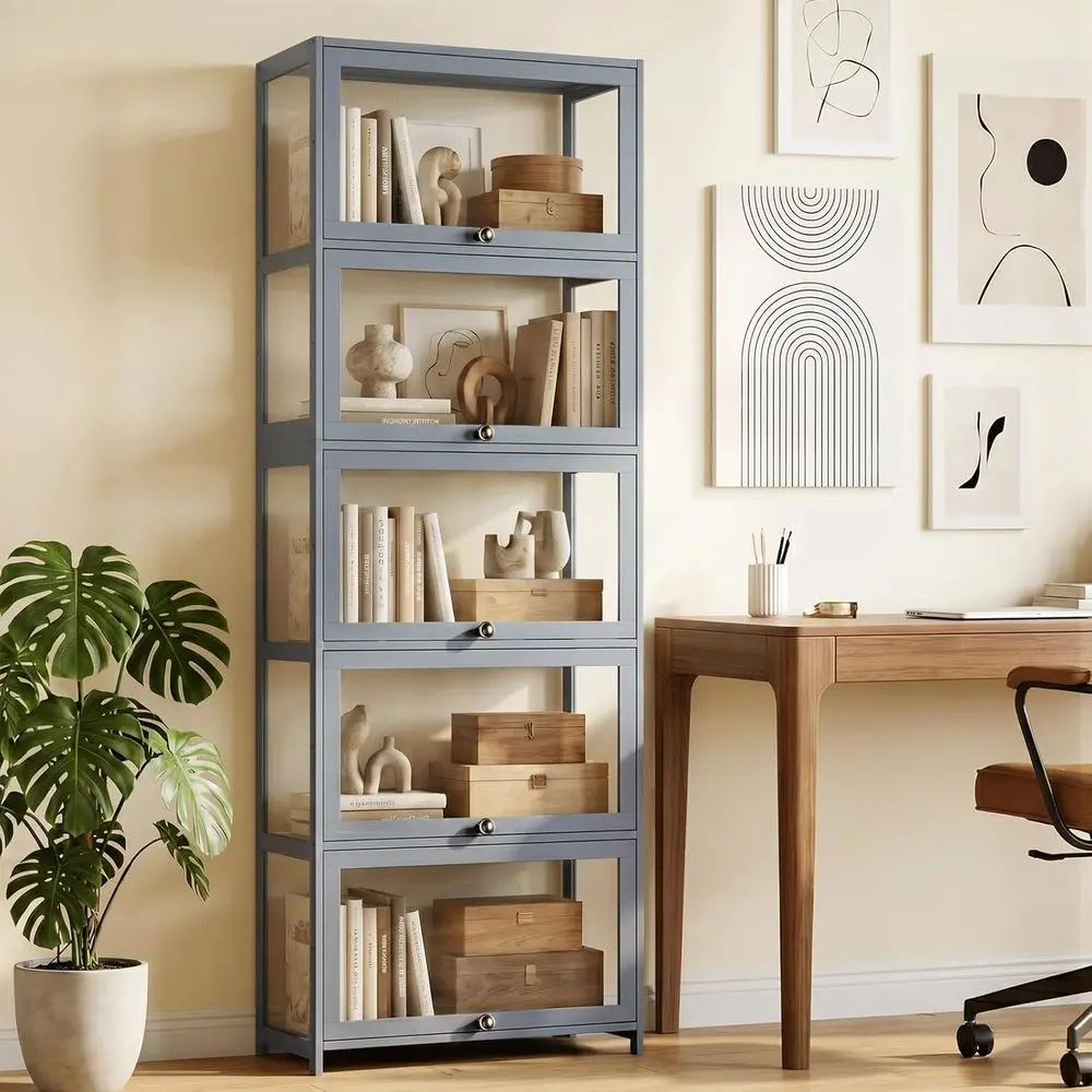 Display Cainet, 5-Tier Curio Cainet with Acrylic Do| 68Tall, 33Ls per Shel, lip-up Door w/ Hidden Rec, or Collectiles, Living Ro