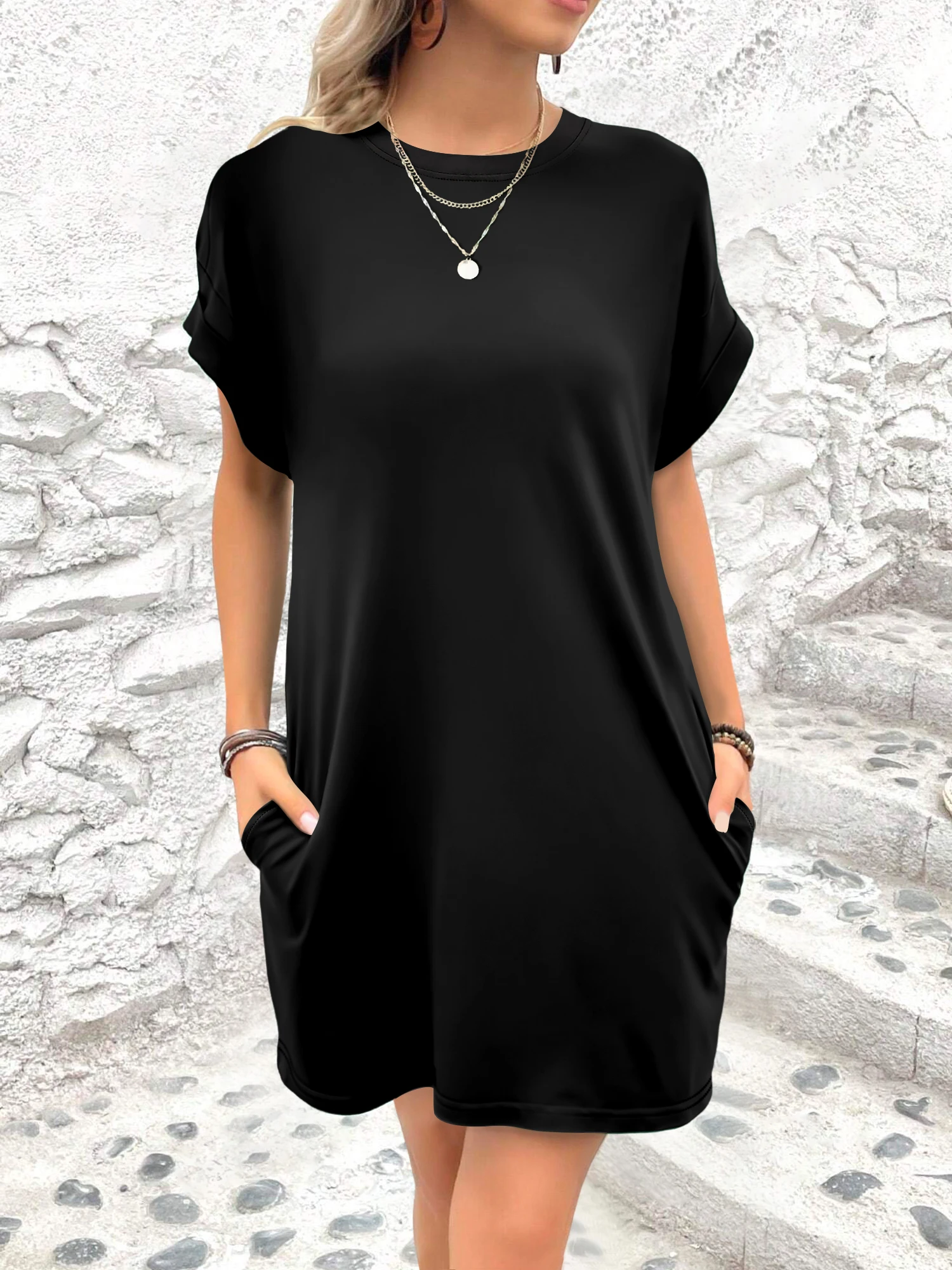 

Black Slim Solid Color T-Shirt Dress Women Loose Comfort Crew Neck Pocket Short Sleeve Dress Daily Commute Casual Wear