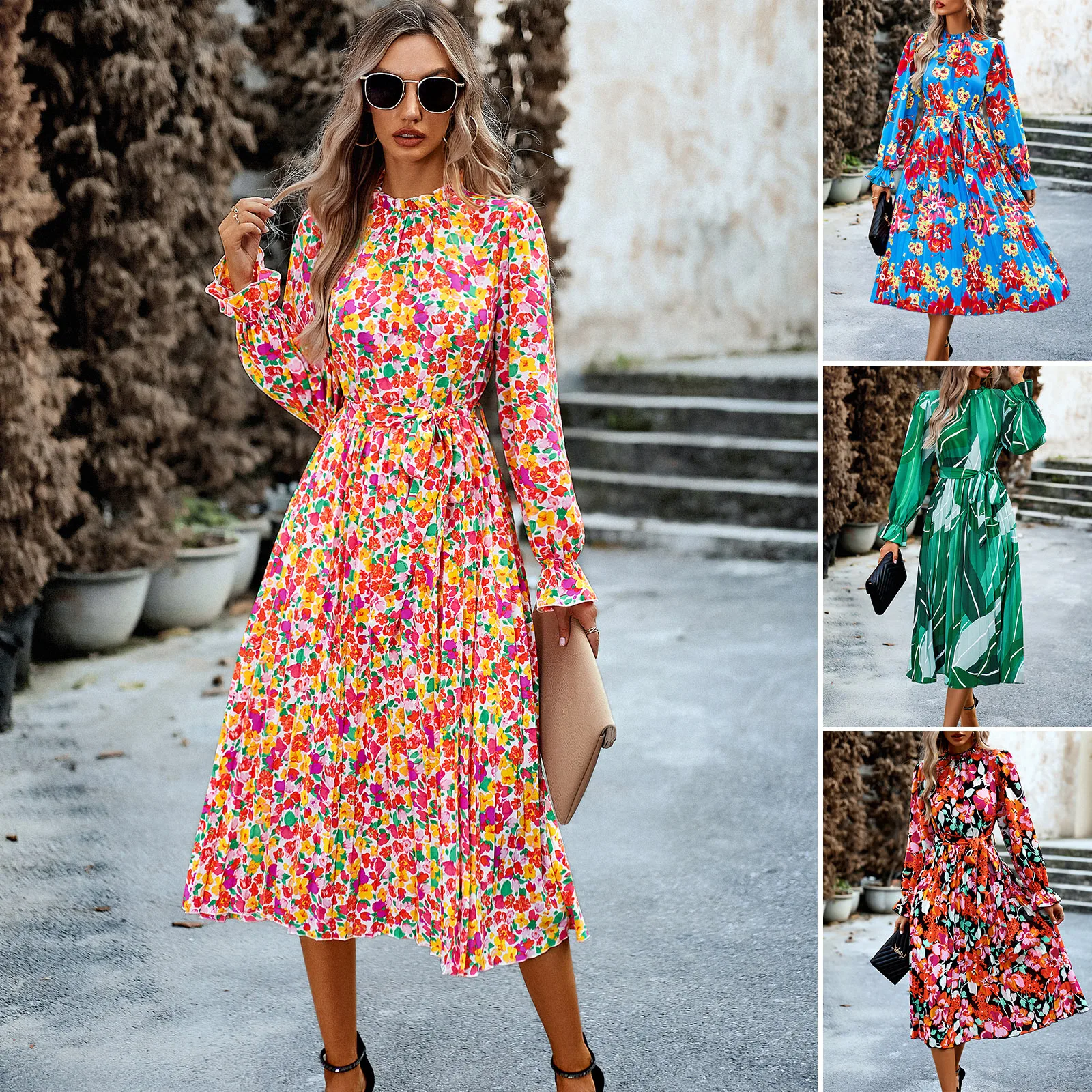 

High Quality Hot Selling Printed Dress 2024 Women's Vacation Leisure Round Neck Ruffle Edge Long Dress Boho Vestidos Streetwear