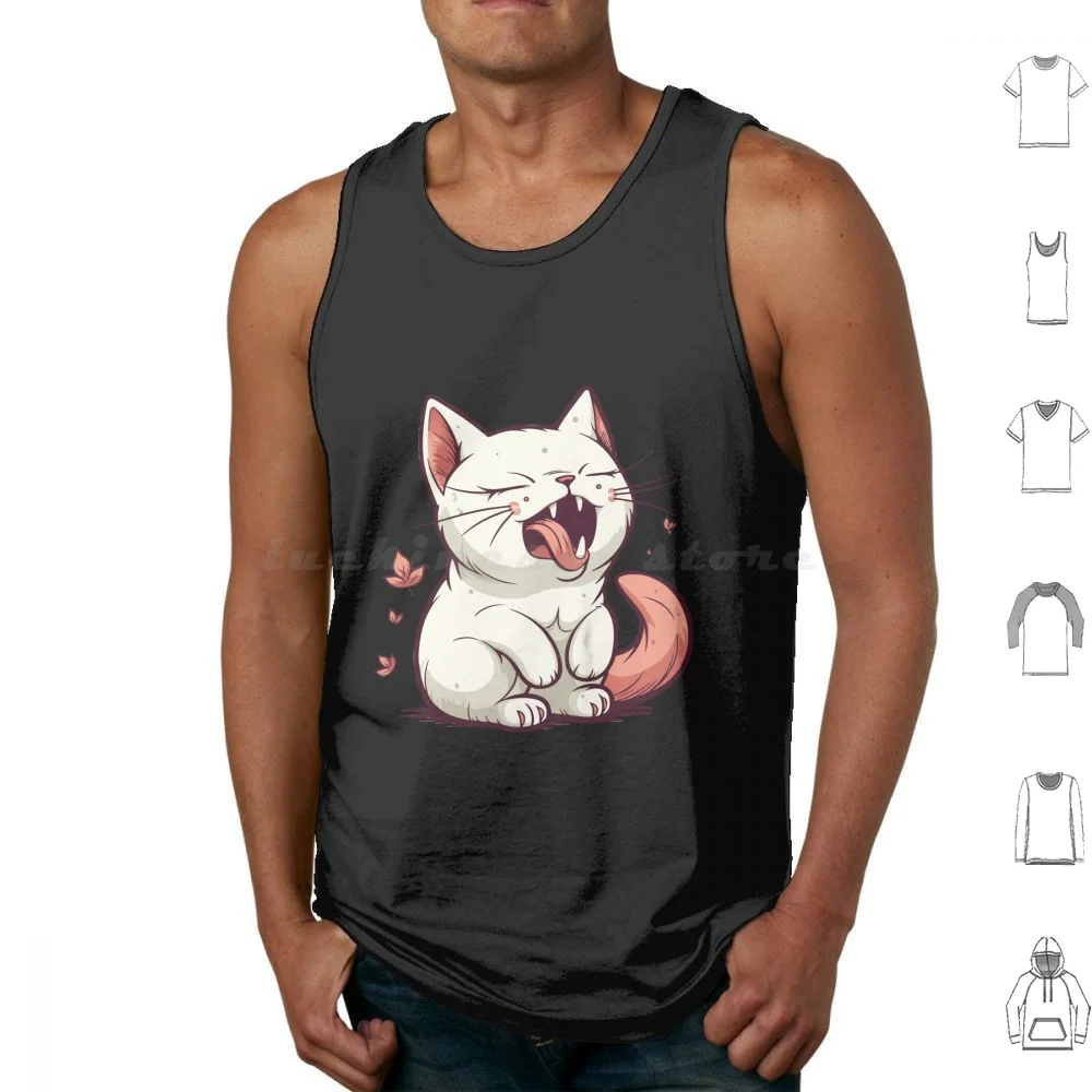 Aaahhhhh!!! Yawning Kitty Tank Tops Print Cotton Cute Cat Illustration Cartoony Cat Design Meowing Cat Art Playful Cat