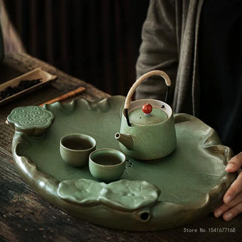 Chinese Style Ceramic Dry Tea Making Platform Household, Office Water Storage Type, Lotus Leaf Tea Tray, Drainage Tray, Creative
