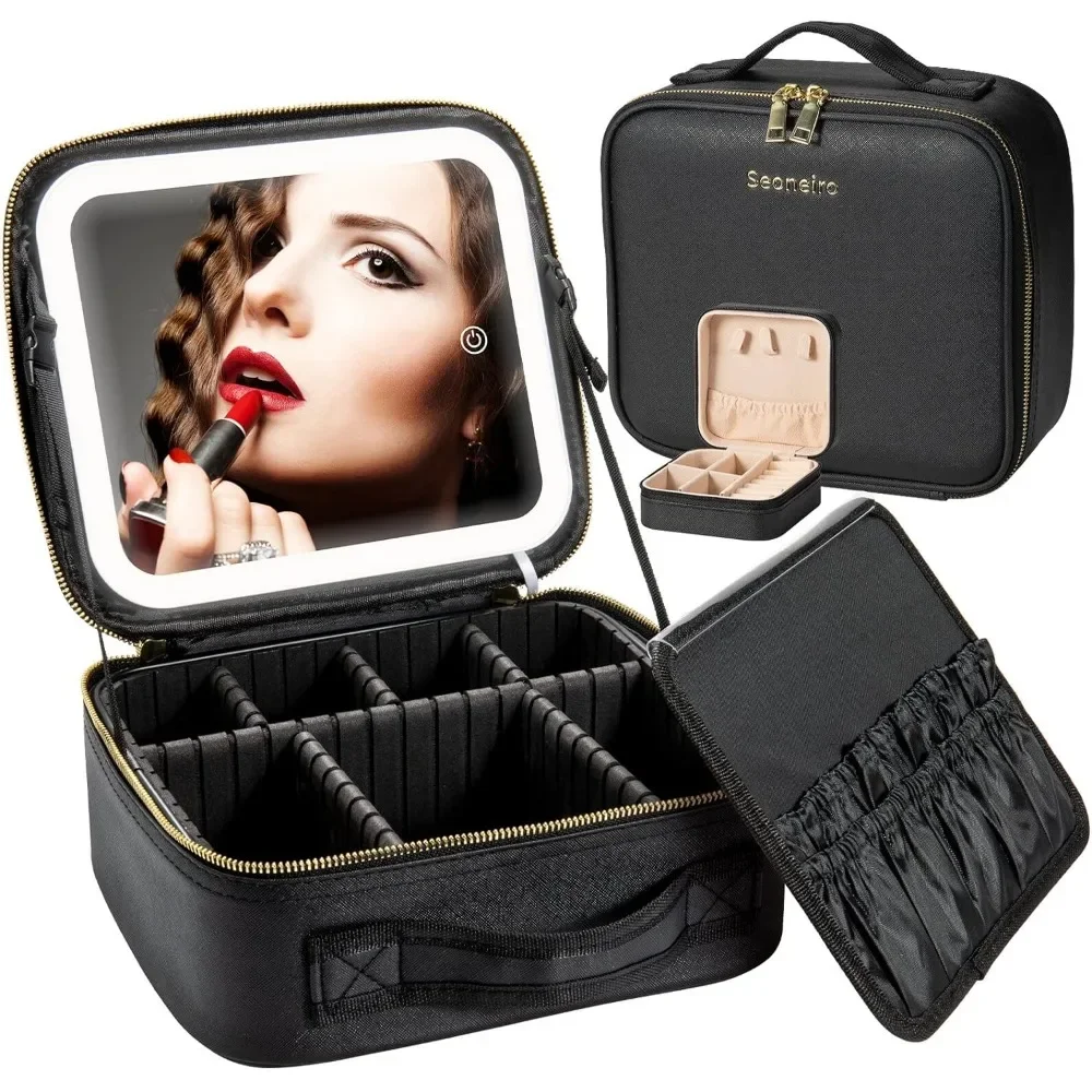 Makeup Travel Bag with LED Lighted Mirror Adjustable Brightness Portable Waterproof Makeup Case with Adjustable Dividers