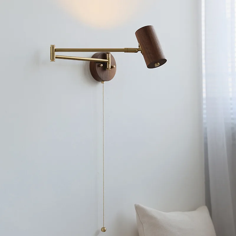 

Japanese Wabi Sabi style walnut swing arm long arm wall lamp study reading lamp bedroom bedside wall lamp