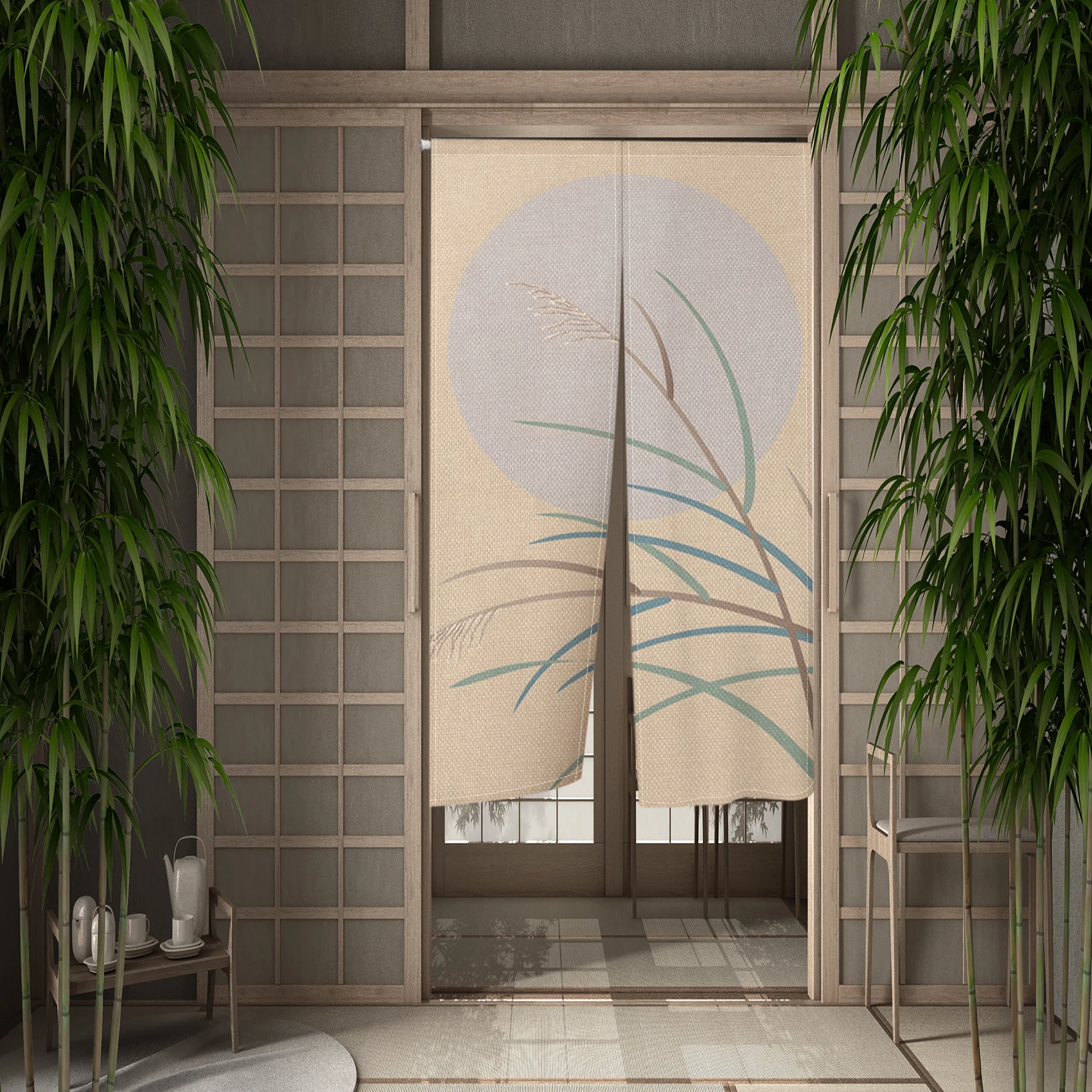 Japanese Velcro Noren Door Curtains Mountain Sun Reed Linen Split Room Entryway Partition Screen Restaurant Kitchen Half-curtain