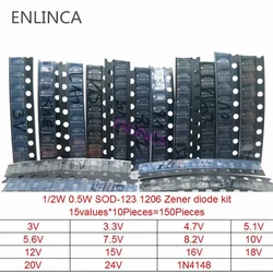 150 stück 15 werte Zener diode kit SOD-123 1206 SOD-323 0,5 W Zener diode SMD paket 15 werte * 10 stücke 3V 3,3 V 4,7 V 5,1 V 5,6 V 7,5 V