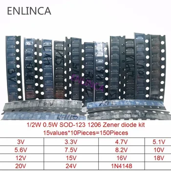 150 adet 15 değerler Zener diyot kiti SOD-123 1206 SOD-323 0.5W Zener diyot SMD paketi 15 değerler * 10 adet 3V 3.3V 4.7V 5.1V 5.6V 7.5V