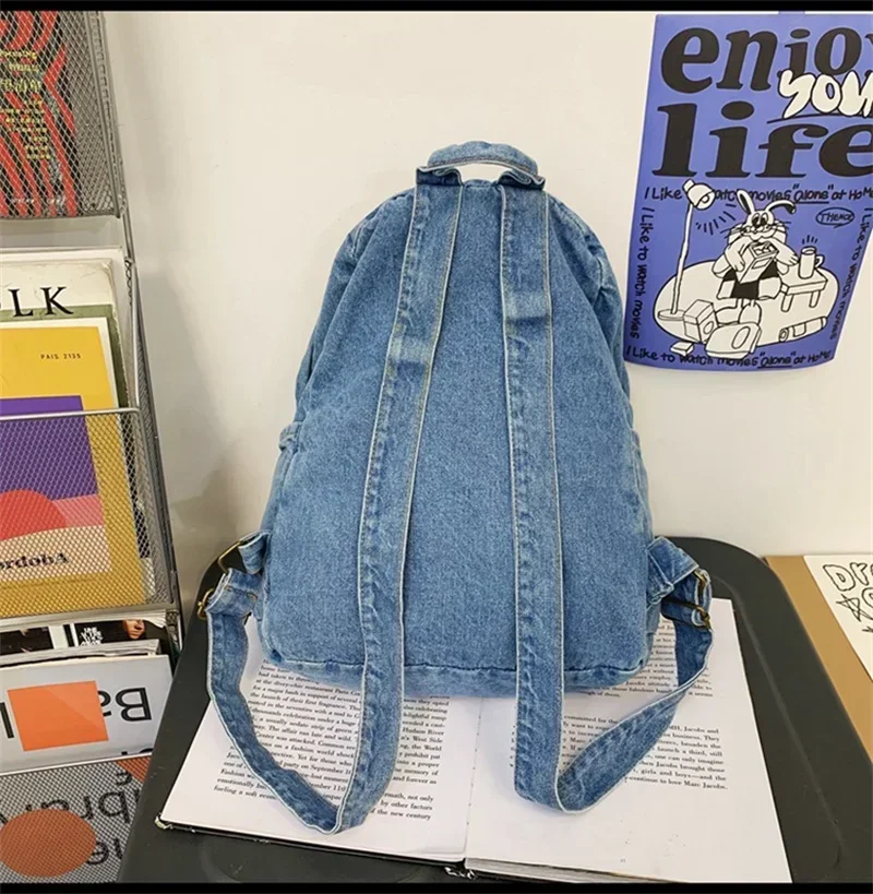 High Quality A4 Large Capacity Denim Jeans Women Backpack Girl Student School Bag Lightweight Travel Bag Blue Fashion M9322