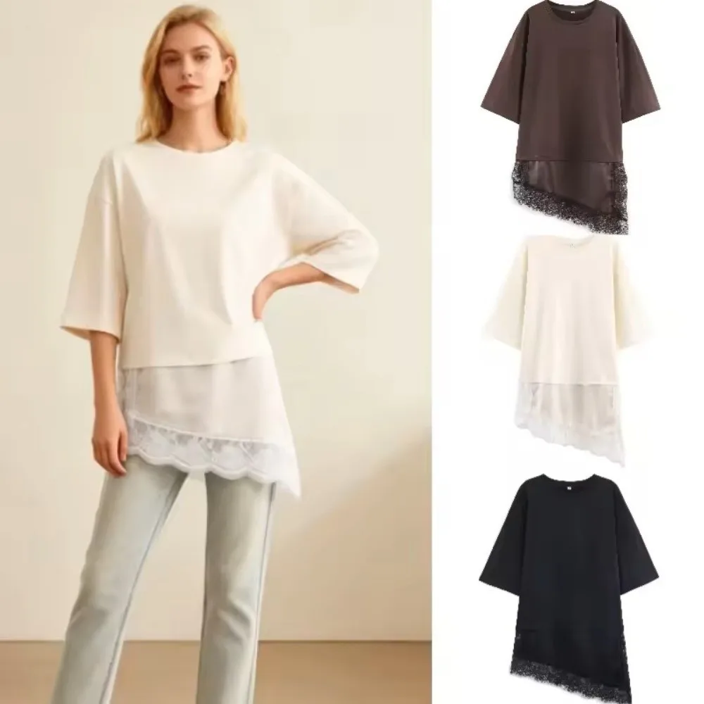 

Модная элегантная футболка с кружевными вставками, однотонная, с коротким рукавом, свободного кроя, повседневный топ с круглым вырезом, женская летняя модель