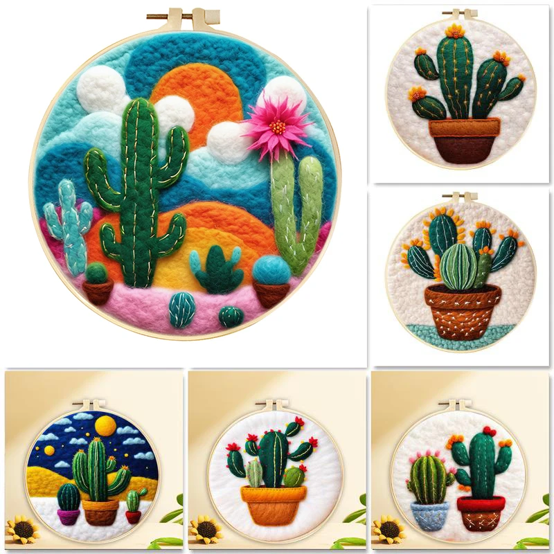 

GATYZTORY Wool Felting Painting Cactus Scenery Starter Kit Needle Felting Picture Wool Felting Painting Tool Kit Gift