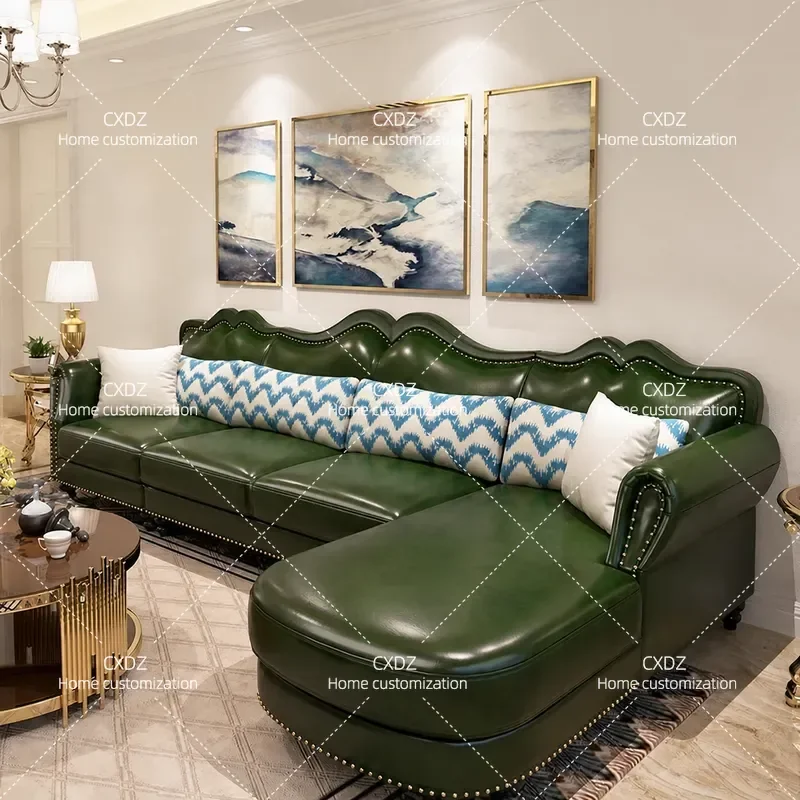American retro leather sofa light luxury living room corner first layer sofa cowhide small apartment new furniture