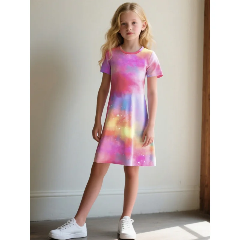 Girls Dreamy Rainbow Starry Sky Dress Vibrant Colorful Short Sleeve Dress