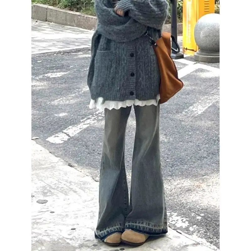 

Wide Leg Jeans Street Wear Women'S Clothes Colorblock Stripes Bleached Green Large Barrel Distressed Buttons Formalalones Torn