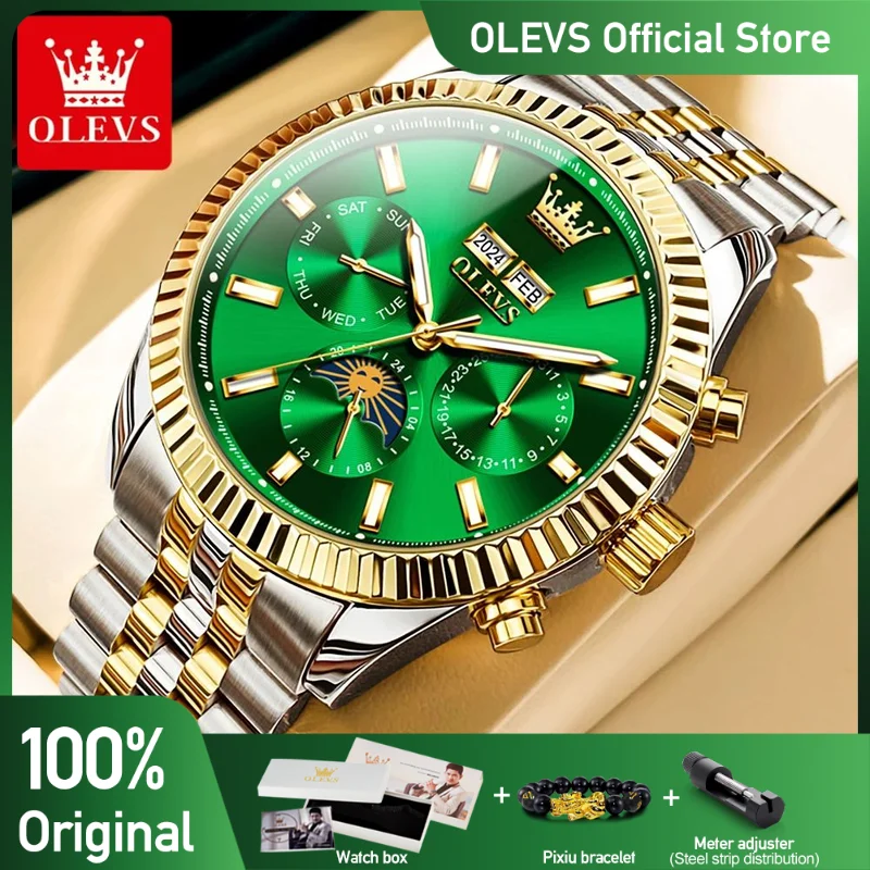 

OLEVS Men's Watches Classic Three Small Dial Fashion Original Automatic Mechanical Watch for Man Calendar 24 Hour Moon Phase