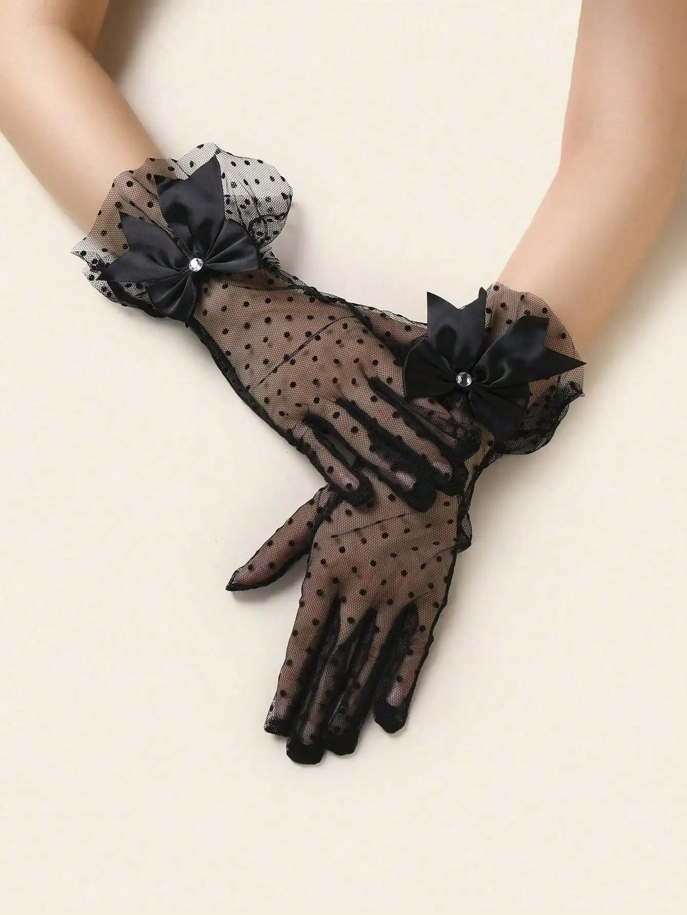 

1 Pair Rhinestones Decorated Lace Bowknot Short Gloves, Elegant Ladies Accessories