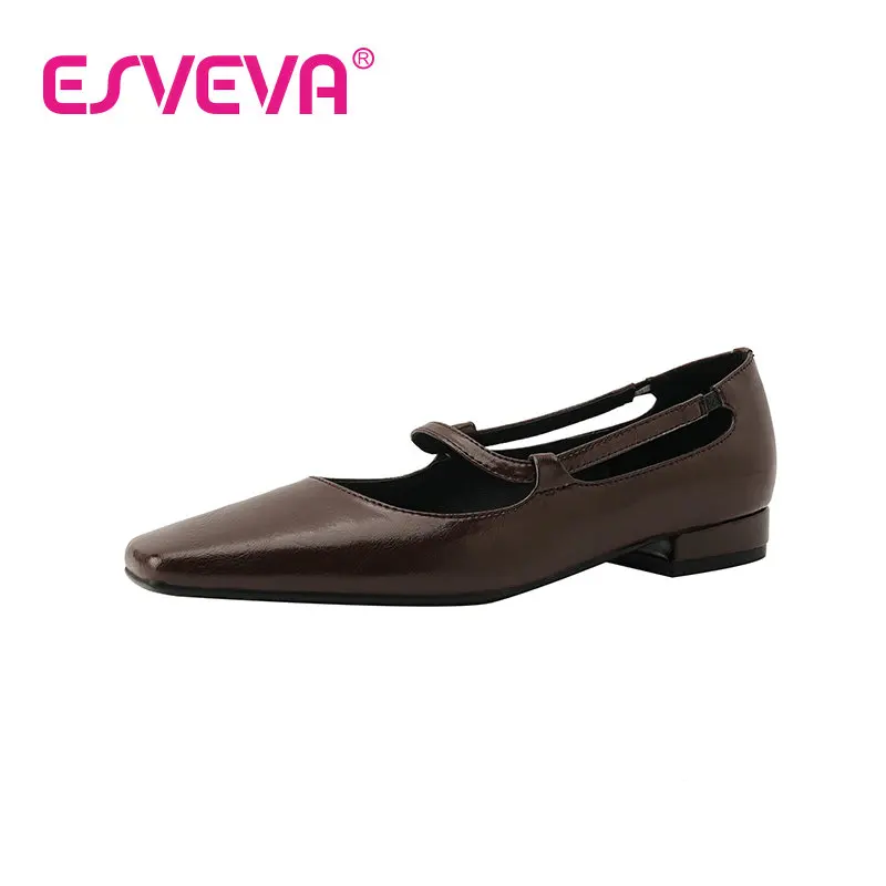 ESVEVA 2023 Fashion Flat Heel Split Leather Basic Shoes Simple And Fashion Style Slip On Office Square Toe Shoes Woman 34-39