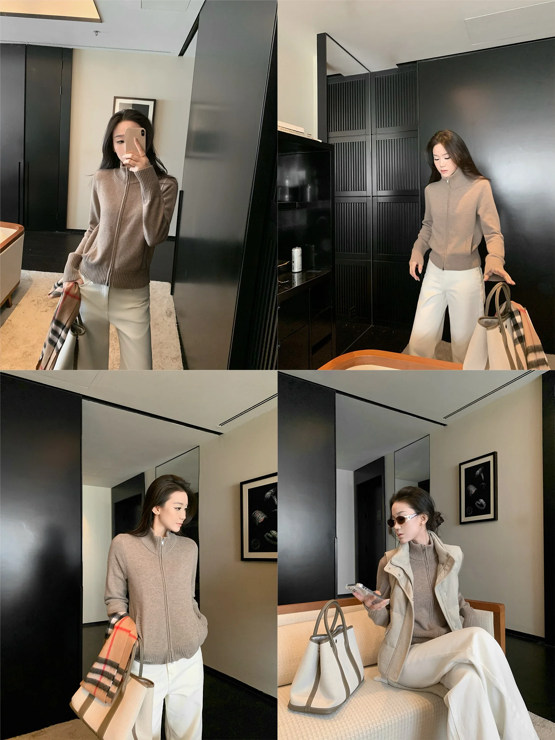 

5werkwen Luxury Series Women's Knitted Woolen Cardigan Coat with Double Zipper And Stand Collar for Commuting in Winter