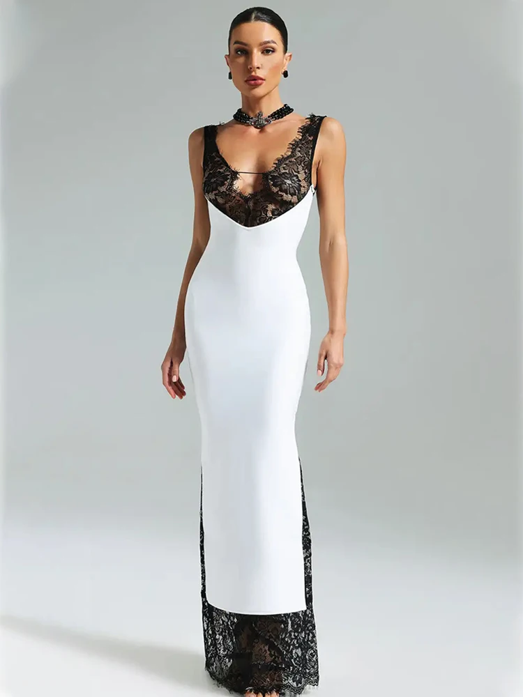 Ahagaga Lace Women\'s Party Maxi Dresses Solid Skinny V-Neck See Through Camisole Blackless Bodycon Sleeveless Vestidos Robes