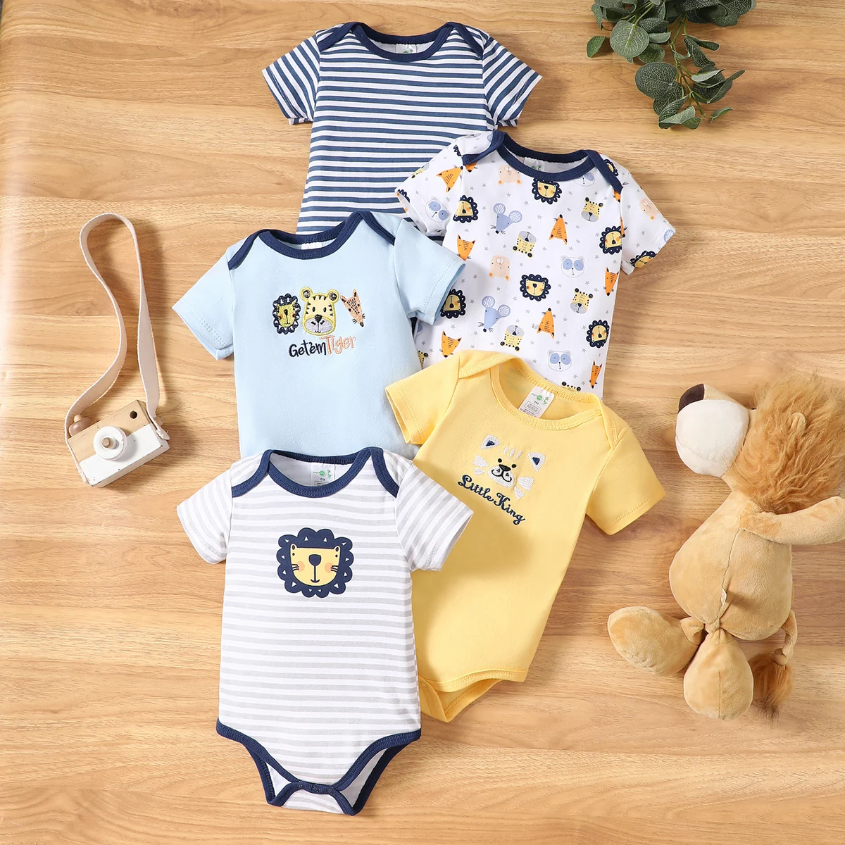 5PCS Summer Baby Cartoon Lion and Mouse Pattern Short Sleeved Jumpsuit Paired with Striped Pattern Jumpsuit for Boys Aged 0-1