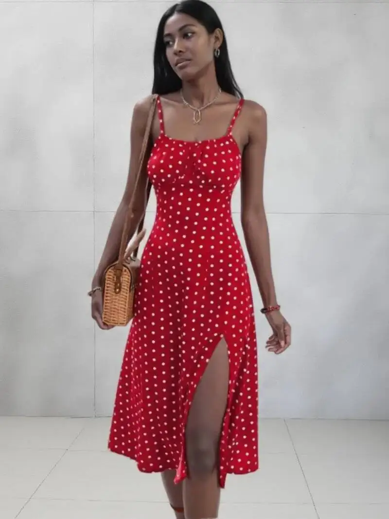 2025 Summer Sexy Spaghetti Straps Dress Women Fashion Polka Dot Print Sleeveless Slit Dress Boho Casual Beach Midi Dresses WR27