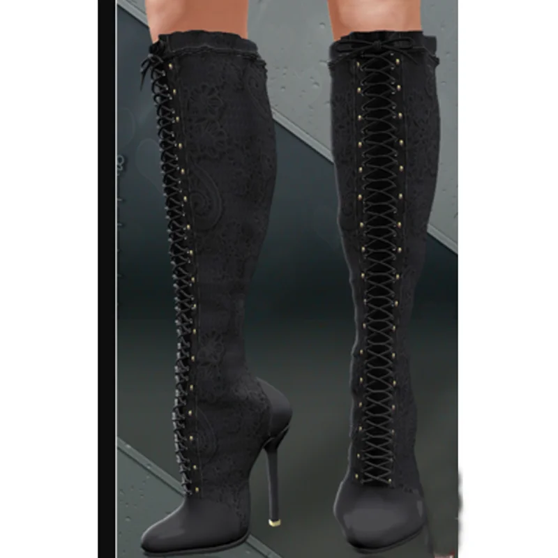

Black Lace Up Knee High Boots Matte Thin High Heel Sexy Fashionable Cool Winter Casual Big Size Woman Shoes Zapatillas Mujer