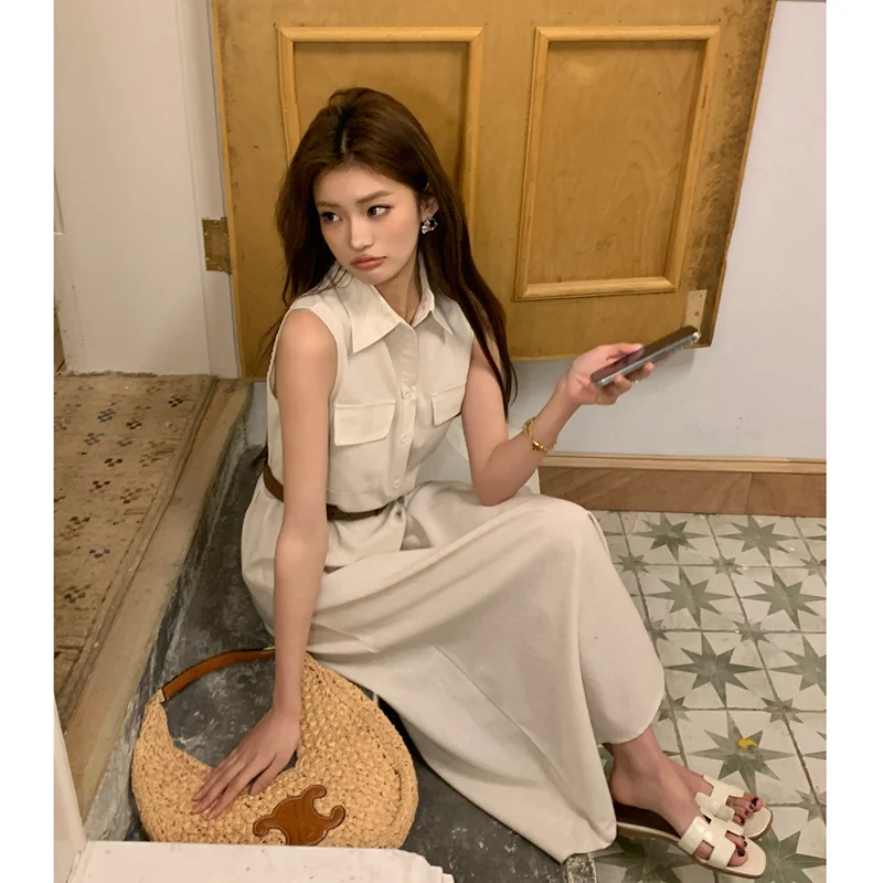 Femmes printemps été col de chemise sans manches robe longue avec ceinture élégant décontracté Vintage élégant bureau dame Blouse robe