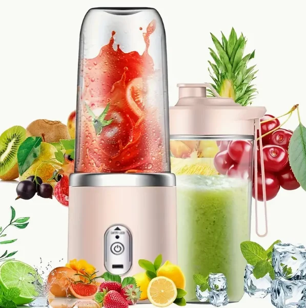 Portable Electric USB Juicer Blender, Double Cup, with Removable Six Blades, Button Control, for Milkshakes, Easy to Clean