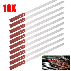 10pcs Commercial Barbecue Skewers Stainless Steel Large Wooden Handle Metal Barbecue Stick Flat Needle Outdoor BBQ Tools