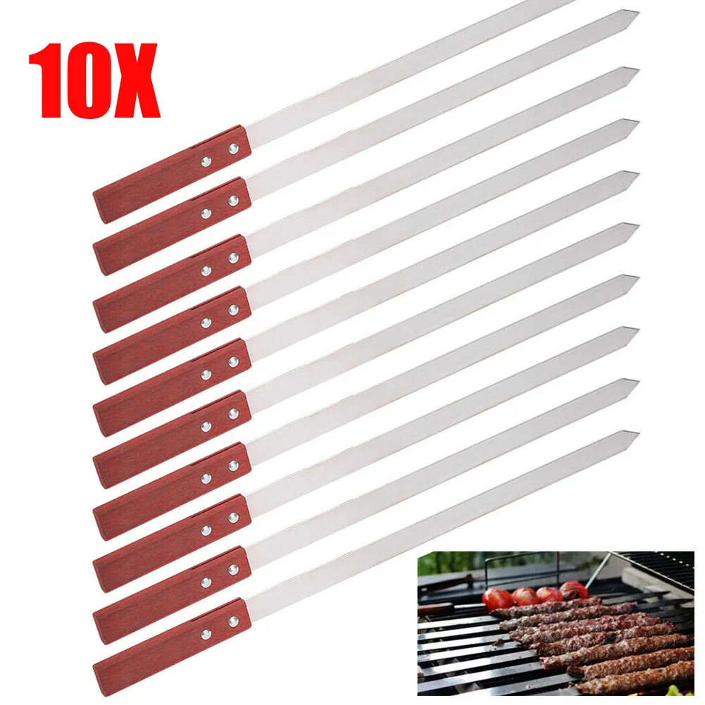 10pcs Commercial Barbecue Skewers Stainless Steel Large Wooden Handle Metal Barbecue Stick Flat Needle Outdoor BBQ Tools