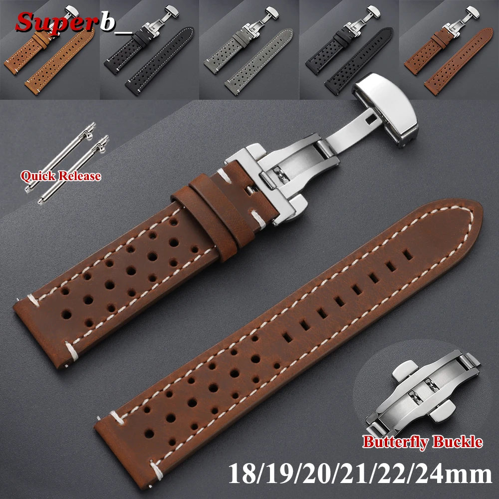 Quick Release Vintage Racing Leather Watch Straps for Seiko for Rolex 18mm 19mm 20mm 21mm 22mm 24mm Breathable Porous Watchbands