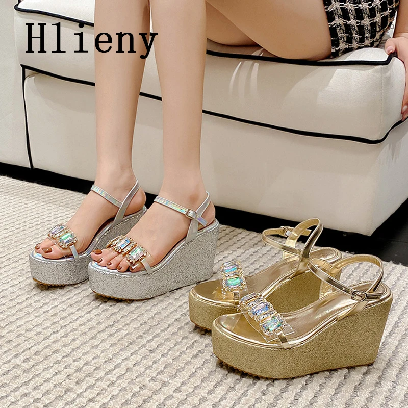 Hlieny Crystal Platform Wedges Buckle Strap Women Sandals Fashion Gladiator Open Toe High Heels Shoes Ladies Summer Pumps